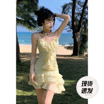 Aunt Barbie Aunt Harnesses Dress Woman 2022 Spring Summer New Design Sense Seaside Travel Ambience With Lotus Leaf Side Short Skirt