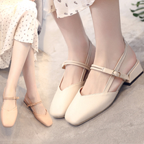 Korean version of one-word buckle Baotou sandals female 2020 Summer new retro students Joker thick heels non-slip sandals tide