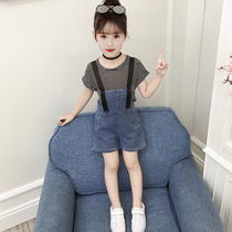 Girls denim satchel shorts set summer 2020 new foreign atmosphere children sling pants two-piece set 4-12