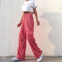  H home European and American ins hip-hop design sense pink corduroy tooling casual pants womens high-waist mopping floor thin wide-leg pants