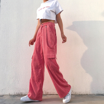 H home European and American ins hip hop design pink corduroy overalls casual pants women high waist mopping thin wide leg pants