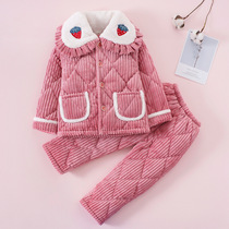 Childrens pajamas thickened autumn and winter cotton coral fleece boys and girls baby flannel winter home clothing set