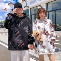 Mr Guochao autumn and winter cartoon version printed bear plus velvet hooded sweater male ins super fire couple jacket
