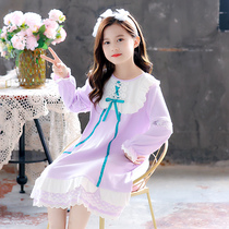 Girls  night dress Childrens spring and Autumn cotton long-sleeved thin pajamas Large childrens long cute super cute lace dress