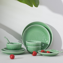 Longquan Celadon Plum Blossom Tableware Set High-end Chinese Ceramic Rice Bowl Soup Bowl Fish Plate Single Product Combination Microwaveable