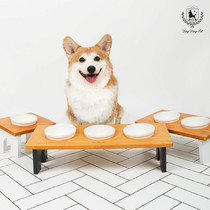 Dingthumping Pet Bowl Dog Bowl Dog Bowl Cat Bowl double-bowl Solid Wood Ceramic Water Bowl Inclined to protect the cervical spine Foodbasin Suit