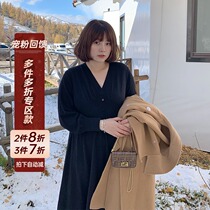 (2 pieces 8 discount 3 pieces 7 fold zone section) big code fat mm long section v collar wool knit skirt woman autumn winter one-piece dress
