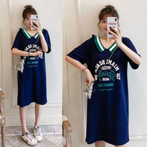 Large size dress 2021 new fat mm loose straight V-neck knitted short-sleeved casual fashion printed long dress