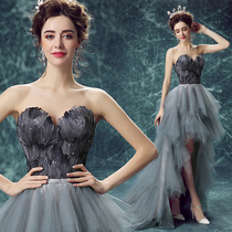 Super fan black gray feathers before short after long banquet annual meeting stage performance wedding dress wholesale 9702