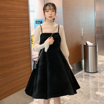Pregnant women early autumn fashion gold velvet suspender skirt two-piece set 2021 New Korean loose size dress