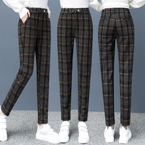 Casual plaid woolen Haren pants women 2021 autumn and winter New Korean version of high waist slim Joker pants