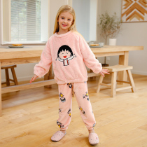 Childrens coral velvet pajamas autumn and winter girls flannel girls Children Home clothing set medium and large childrens thick