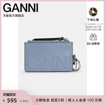 Ganni Ladys 2022 New Blue Logo Leather Zipper Coin Purse Card Holder A4502681