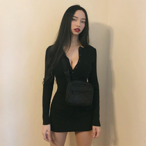 H home European and American ins style round neck button design long sleeve dress female slim body thin bag hip solid color knitted skirt