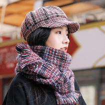 Octagonal beret female check autumn and winter Japanese Korean version of Joker warm retro British hat scarf two-piece tide