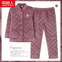 Coral velvet cotton pajamas womens winter thickening plus velvet middle-aged elderly mother autumn and winter warm home clothing set