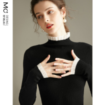 Lace half high neck plus velvet wool knitted base shirt Women autumn and winter 2021 New slim sweater wooden ear