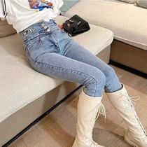 (Single plus velvet) good-looking ~ ~ high-waisted jeans female spring and autumn thin high elastic foot pants