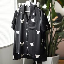 Star Same-style Embroidered Bulldog Black Pooch Emulated Silk Sliding Pyjamas Man Short Sleeve Shorts Thin Ice Silk Suit