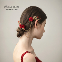 European and American retro wine red temperament chain cloth flower comb bride wedding dress Golden small rose hair jewelry