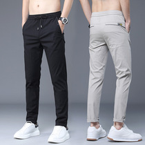 Mens pants summer breathable ice silk trousers mens elastic slim Korean casual pants mens straight thin sweat-absorbing mens pants