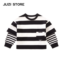 JUZI STORE Clothing Sweatshirt Thick Stitch Striped Splice Fake two pieces T-shirt neutral male and female child 1013004