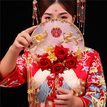 Dragon Phoenix Presents Chinese Bridal Bride Wedding Group Fan Phoenix Pendant Golden Show and Festive Fan Wedding with Festive Hands