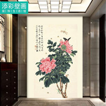 Rich peony flowers and birds Chinese literati name Chinese painting vertical porch background mural painting high-grade moisture-proof wallpaper Wall cloth