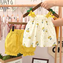 Girls summer suit 2021 new childrens clothing Korean version of the foreign style cherry suspender shorts female baby fashionable two-piece set