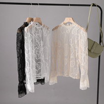 Net gauze base shirt female 2021 autumn new interior lace shirt Super fairy half high collar very fairy trumpet sleeve top