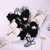 Gloves female winter cute hanging neck students Korean winter warm cartoon plus velvet thick Big Eyes bag ins Wind