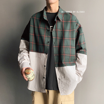 Early autumn plaid shirt mens harbor style Japanese splicing color irregular bf shirt Korean trend long sleeve jacket