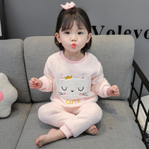 Girls flannel pajamas autumn and winter childrens baby plus velvet coral fleece split winter cute home clothes