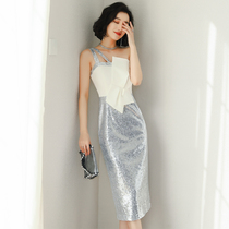 2021 new spring dress strapless shoulder dress summer sling sexy neck silver dress women