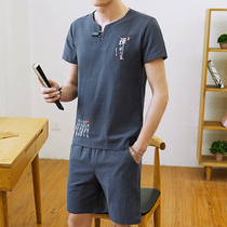 2020 Summer new shorts set mens Chinese style cotton linen set of clothes summer short sleeve t-shirt two-piece