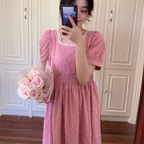 SYT French light sweet wind Pearl square collar wooden ear dress female summer retro high waisted Platycodon grandiflorum first love skirt