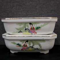 During the Republic of China the old Fengxi figure of Chaozhou kiln daffodil basin ~ 1 pair (foreign return porcelain)