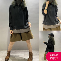 Autumn new high-neck long-sleeved short sweatshirt large size casual loose fake two-piece thin black top Joker tide