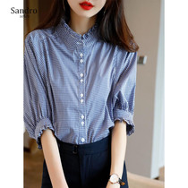 sandro selen light chiffon fabric age reduction five points bubble sleeve shirt clean small stand collar Joker