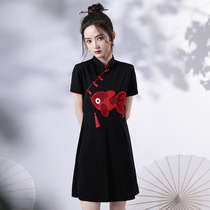 Loose and slightly fat cheongsam young modified version cute national tide girl black dress little girl Summer short