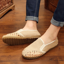 Summer ethnic style hollow out summer hole shoes mesh shoes mens soft bottom canvas sandals breathable sweat absorption low mens shoes