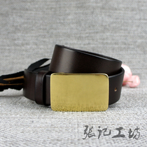 Italian vegetable tanning leather mens belt Korean version of tide flat buckle belt mens fashion handmade belt glossy denim