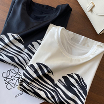 Recommend light luxury heavy stretch silk stitching design Tsuen cotton paper Human sense casual casual wind round neck T-shirt