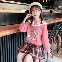  2021 autumn new girls  suit Autumn middle school childrens college style Western style shawl cartoon printed short skirt two-piece set