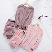 Winter lovers flannel sleepwear woman long sleeve thickened coral suede two-piece suit mens round neckline jacket head home