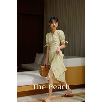 MICHELLYMO French vintage V-neck floral dress bubble sleeve temperament Platycodon yellow dress summer