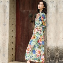 Autumn water ballad Original (Ziyun Ying of the field) summer Ramie dress female high-end printed modified cheongsam skirt