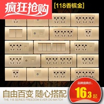 Positive Tai switch socket 118 steel frame panel 5D Champagne gold twelve holes twenty holes computer Nine-hole socket