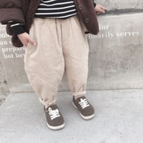 Good wear Korean version of male and female children thick plus velvet corduroy stitching cotton pants children Winter loose carrot pants 353