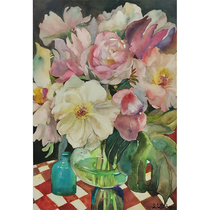 (original) Central American Academy Xiao sunny < single-petal peony and red plaid table cloth > paper this watercolor painting is not framed